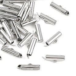 Real Platinum Plated SHEGRACE Brass Slide On End Clasp Tubes, Cadmium Free & Lead Free, Slider End Caps, Real Platinum Plated, 6x18x4mm, Hole: 2.5mm, Inner Diameter: 1x3.5mm
