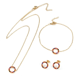 Золотой Кольцо 304 комплекты ожерелий, браслетов и серег из нержавеющей стали с разноцветными подвесками и стразами для женщин, золотые, ожерелье: 17.72 дюйм (450 мм)