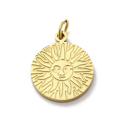 Настоящее золото 18K 304 прелести нержавеющей стали, с целью перехода в кольце, плоский круглый с солнечным шармом, ионное покрытие (ip), реальный 18 k позолоченный, 14x11.5x1 мм, отверстие : 2.5 мм