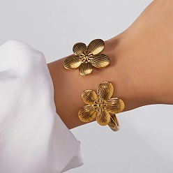 Золотой 304 Браслеты-манжеты из нержавеющей стали с цветочным узором для женщин, золотые, внутренний диаметр: 2.32x2.05 дюйм (5.9x5.2 см)