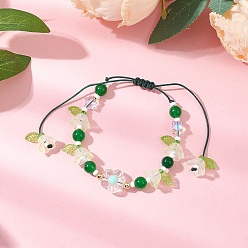 Малайский Нефрит Натуральные малайзийские нефритовые бусины плетеные браслеты из бисера, регулируемые женские браслеты из нейлоновой нити, цветок, внутренний диаметр: 1-5/8~3-7/8 дюйм (4.1~9.8 см)