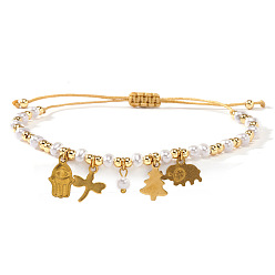 Золотой 304 из нержавеющей стали шарм браслеты, Регулируемые браслеты для женщин из латуни и пластика с круглыми бусинами, имитирующими жемчуг., рука хамса, рождественская елка, стрекоза и слон, золотые, 11.02 дюйм (28 см)