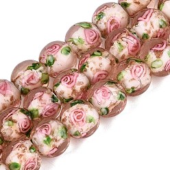 Pink Светящиеся нити из бусин ручной работы, изготовленных методом выдувания стекла и с использованием блестящей пудры., круглые, с внутренним цветок, светится в темноте, розовые, 9.5~10 мм, отверстие : 1~1.6 мм, около 40 шт / нитка, 13.78~14.37 дюйм (35~36.5 см)