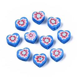 Dodger Blue Handmade Polymer Clay Beads, Heart with Flower Pattern, Dodger Blue, 9x9~10x4~5mm, Hole: 1.5mm