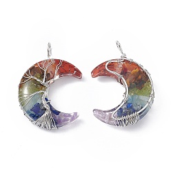 Смешанные камни 7 большие подвески из медной проволоки с чакрами из натуральной смешанной каменной крошки, Луна прелести, cmолой, платина, 51.5x36x15 мм, отверстие : 5 мм