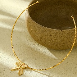 Настоящее золото 18K 304 Женские ожерелья-чокеры с подвеской-бантом из нержавеющей стали, реальный 18 k позолоченный, внутренний диаметр: 5.08 дюйм (12.9 см), бант : 29.5x27 мм