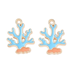 Deep Sky Blue Alloy Enamel Pendants, Coral Charms, Golden, Deep Sky Blue, 21.5x16x1mm, Hole: 1.8mm
