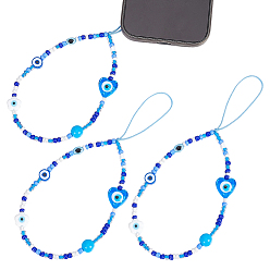 Синий 3шт. цепочки для подвешивания телефона на руку с изображением сглаза на очки, Ремешки для мобильных телефонов из стекла и бисера, синие, 185 мм