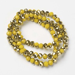 Yellow Electroplate Opaque Glass Beads Strands, Half Golden Plated, Faceted, Rondelle, Yellow, 4x3mm, Hole: 0.4mm, about 130pcs/strand, 16.54 inch(42cm)