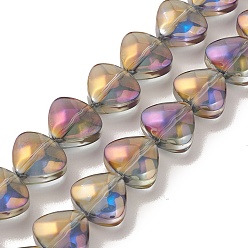 Dark Slate Blue Transparent Electroplate Glass Bead Strands, Rainbow Plated, Heart, Dark Slate Blue, 12x13x7mm, Hole: 1mm, about 55pcs/strand, 25.51''(64.8cm)