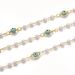 Turquoise Handmade Brass Chains, with Acrylic Imitation Pearl, Lampwork and Spool, Long-Lasting Plated, Soldered, Evil Eye, Golden, Turquoise, Link: 2.6x1.8x0.3mm