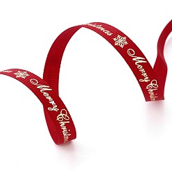 Red Polyester Grosgrain Ribbon for Christmas, Snowflake & Word, Red, 9mm, about 100yards/roll