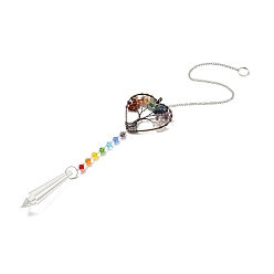 Colorful Chakra Theme Gemstone Pendant Decoration, Hanging Suncatcher, with Brass Rings, Heart Alloy Frame and Iron Findings, Bullet, Colorful, 430x2mm, Hole: 10mm