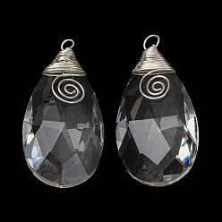 Transparent Mit Draht umwickelte Anhänger aus transparentem Glas, facettiert, Träne, Silbern Silberfarbig, Transparent, 45x22x12.5 mm, Bohrung: 4 mm