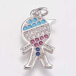 Платина Латунные микро проложить кубического циркония подвески, мальчик, платина со смешанным цветом cz, 18.5x11.5x1.5 мм, отверстие : 2.5 мм
