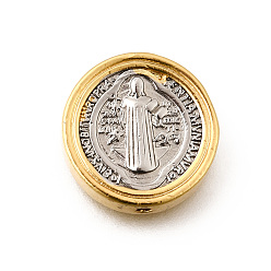 Human Религиозные двухцветные латунные бусины, реальный 18 k позолоченный, плоско-круглые, святое очарование, 15x3.5 мм, отверстие : 1 мм