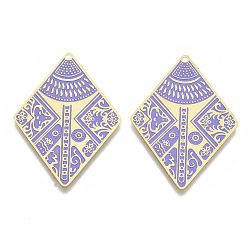 Lilas Laiton émail pendentifs, embellissements en métal gravé, couleur or mat, losange, lilas, 38.5x28x0.3mm, Trou: 1.2mm
