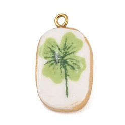 Золотой 304 подвески из нержавеющей стали, с фарфором, овальные с клевером узором, золотые, 28x16x5.5 мм, отверстие : 2 мм