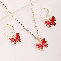 Красный Комплект из ожерелья и серег с подвеской в виде бабочки из сплава и эмали для детей, красные, Ожерелье: 450 mm