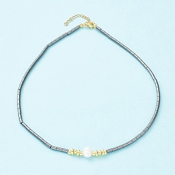 Гематит Колье из синтетического гематита и натурального жемчуга, 17.13 дюйм (43.5 см)