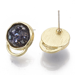 Colorful Alloy Stud Earrings, with Resin and Shell, Light Gold, DarkSlate Blue, 15.5x12.5mm, Pin: 0.7mm