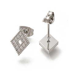 Rhombus 304 Серьги-гвоздики из нержавеющей стали с прозрачным фианитом и микропаве, цвет нержавеющей стали, ромб, 10.5x7.5 мм