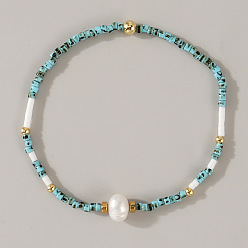 Бирюза Женские эластичные браслеты из натурального пресноводного жемчуга и окрашенного натурального говлита, украшенные бисером в форме рисовых зерен., золотые, бирюзовые, 6.50 дюйм (16.5 см)