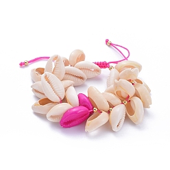 Deep Pink Adjustable Nylon Thread Cord Braided Bead Bracelets, with Natural Cowrie Shell Beads and Brass Beads, Golden, Deep Pink, 5~9cm