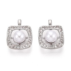 Платина Латунные микропаве прозрачные подвески с фианитом, с имитацией жемчуга, Волнистые квадратные подвески, платина, 15.5x12.5x6.5 мм, отверстие : 2x0.8~1 мм