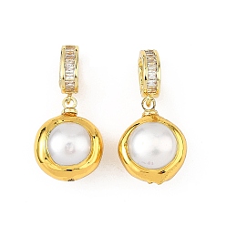 Oro Colgantes de perlas keshi barrocas naturales, Dijes redondos con micropavé de latón y circonitas cúbicas transparentes., blanco, dorado, 25.5 mm, agujero: 6x3 mm