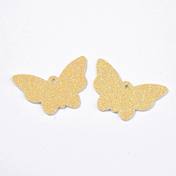 Or Pendentifs en cuir pu, avec poudre scintillante double face, papillon, or, 32.5x48x1.5~2mm, Trou: 2.5mm