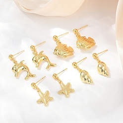 Настоящее золото 18K Серьги-гвоздики из латуни в форме ракушки, морской звезды, дельфина и рыбы, стойки покрытие, долговечный, без свинца и без кадмия, реальный 18 k позолоченный, 23~28x9~16.5 мм