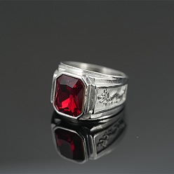 (123L) Белый крем непрозрачный блеск Прямоугольные кольца из нержавеющей стали с кубическим цирконием для мужчин., рисунок дракона, цвет нержавеющей стали, огнеупорный кирпич, размер США 304 (8 мм)