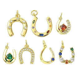 Настоящее золото 18K 7 шт 7 стили латунные подвески из микропаве с фианитом, подковы прелести, с целью перехода в кольце, реальный 18 k позолоченный, 12.5~18x9.5~11x2~3 мм, отверстие : 2.2~3.2 мм, 1 шт / стиль
