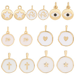 Настоящее золото 18K 14 шт 7 стиль латунные эмалевые подвески, долговечный, плоский круглый с крестом и сердцем и звездой, реальный 18 k позолоченный, 12~20.5x10~15.5x1.4~4.5 мм, отверстие : 1.3~4x1~3 мм, 2 шт / стиль