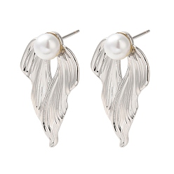 Платина Серьги-гвоздики из латуни с реечным покрытием, без кадмия и без свинца, долговечный, ABS имитация жемчуга, лист, платина, 33.5x18.5 мм