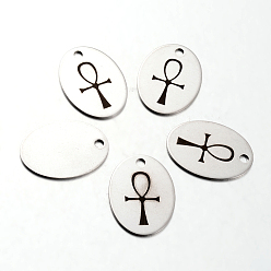 Stainless Steel Color Non-Tarnish Spray Painted 201 Stainless Steel Pendants, Oval with Cross Pattern, Stainless Steel Color, 30x22x1mm, Hole: 3mm