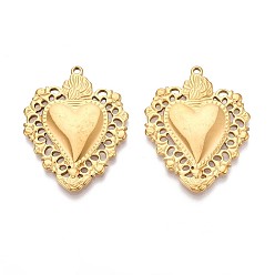 Настоящее золото 18K 304 подвески из нержавеющей стали, очарование священного сердца, ионное покрытие (ip), реальный 18 k позолоченный, 40x31x3 мм, отверстие : 1.8 мм