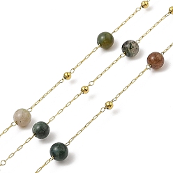 Зеленый Ионное покрытие (ip) 304 звенья цепи из нержавеющей стали, с катушкой, с индийским агатом, пайки, реальный 18 k позолоченный, зелёные, 6 мм, золотые бусины: 3 мм, интервал между связями: 21.5мм, футы(10м)/рулон