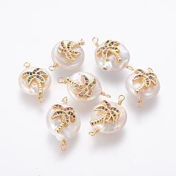 Разноцветный Соединители звеньев натурального жемчуга, с латунными микро проложить кубических выводы циркония, самородки с кокосовой пальмой, золотые, красочный, 21~27x13~16x6~8 мм, отверстие : 1.6 мм