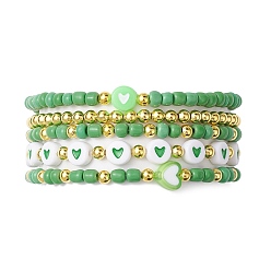 Green 5Pcs 5 Styles Heart Acrylic & Glass Seed Beaded Stretch Bracelet Sets, Stackable Bracelets for Women, Green, Inner Diameter: 2~2-3/8 inch(5.2cm), 1pc/style