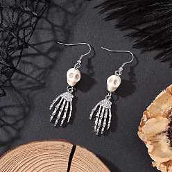 Платина Латунь болтаться серьги, череп со скелетной рукой, с крашеными синтетической бирюзы, платина, 62x13.5 мм