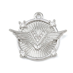 Платина Латунные микропаве прозрачные подвески с фианитом, плоские круглые с рисунком крыла, без кадмия, без никеля и без свинца, платина, 18x21x3 мм, отверстие : 1.4 мм
