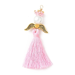 Pink Стеклянные жемчужины круглые бусины с поликоттоновой кисточкой большие подвески, с японским бисером, ангельские прелести, розовые, 54~59x20x8 мм, отверстие : 2 мм