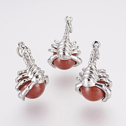 Скорпион Природные красной яшмы подвески, латунная фурнитура с платиновым покрытием, знак созвездия / зодиака, Скорпион, 15.5~26x13~24x10~12.5 мм, отверстие : 4 мм