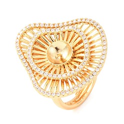 Настоящее золото 18K Компоненты кольца для манжеты из латуни с микропаве и прозрачным кубическим цирконием, за половину пробурено бисера, реальный 18 k позолоченный, 20 мм, лоток : 8 мм, штифты : 1 мм