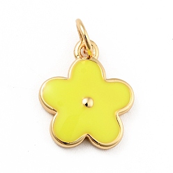 Желтый Подвески из латуни с покрытием из эмали, с прыжковых колец, без кадмия и без свинца, реальный 18 k позолоченный, цветок, желтые, 14.5x12x1.3 мм, отверстие : 3.3 мм
