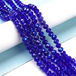 Blue Electroplate Glass Beads Strands, Half Rainbow Plated, Faceted, Rondelle, Blue, 4x3mm, Hole: 0.4mm, about 123~127pcs/strand, 16.5~16.9 inch(42~43cm)