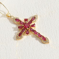 Средний Фиолетово-красный Крест латунные микропаве кубические цирконии подвески ожерелья, золотые, средне фиолетовый красный, 17.72 дюйм (45 см)