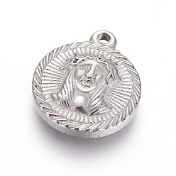 Stainless Steel Color Non-Tarnish 304 Stainless Steel Pendants, Flat Round with Jesus, For Easter, Stainless Steel Color, 18~18.2x15~15.2x3~3.1mm, Hole: 1.6~1.8mm